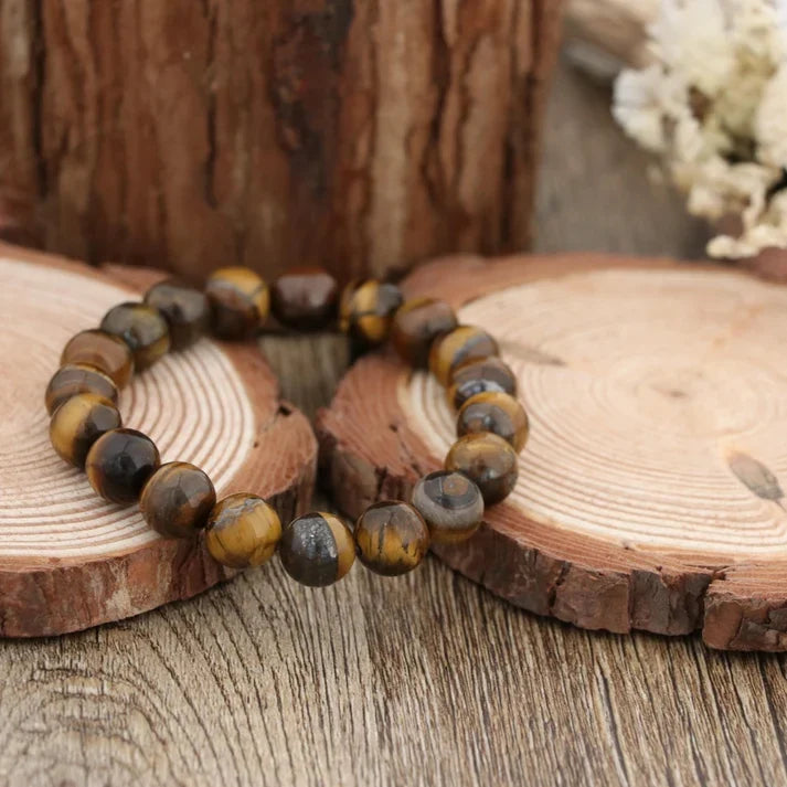 Natural Tiger Eye Bracelet 10mm | Gold Brown Gemstone Stretch Bracelet
