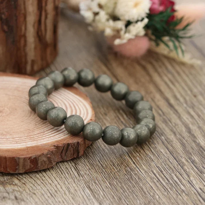Natural Pyrite Bracelet 10mm , Gold Gemstone Stretch Bracelet