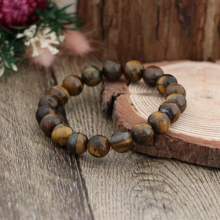 Natural Tiger Eye Bracelet 10mm | Gold Brown Gemstone Stretch Bracelet