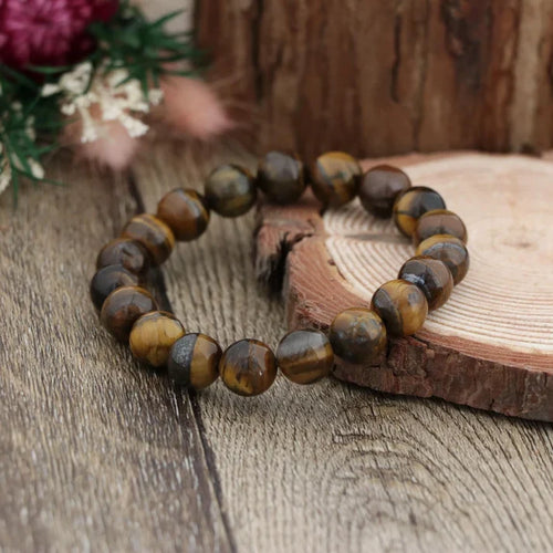 Natural Tiger Eye Bracelet 10mm | Gold Brown Gemstone Stretch Bracelet