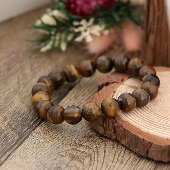 Natural Tiger Eye Bracelet 10mm | Gold Brown Gemstone Stretch Bracelet
